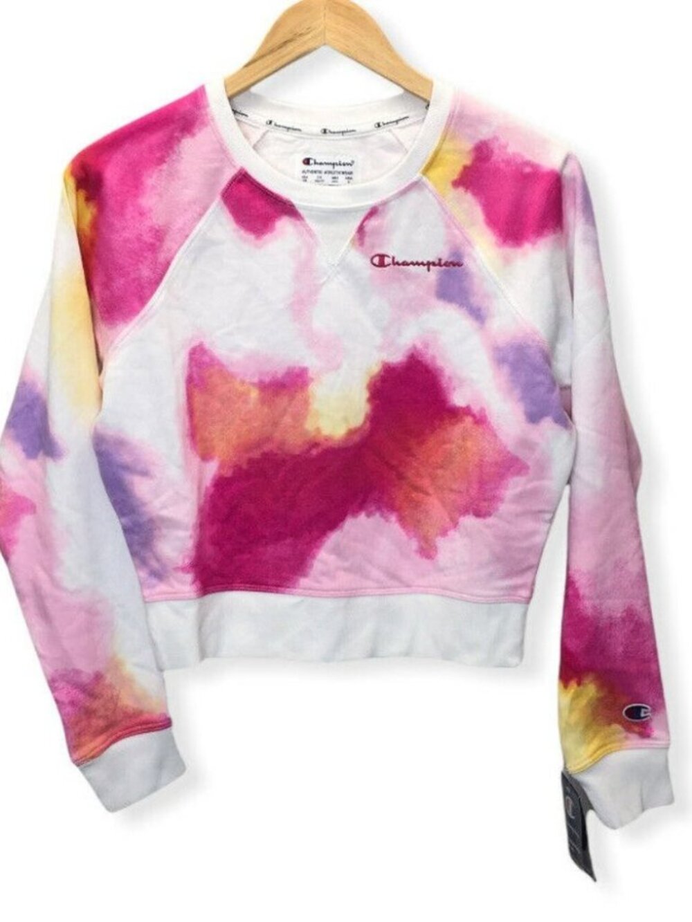 Champion Tie Dye Women's Cropped Crew Neck Sweatshirt Large Pink White Pullover